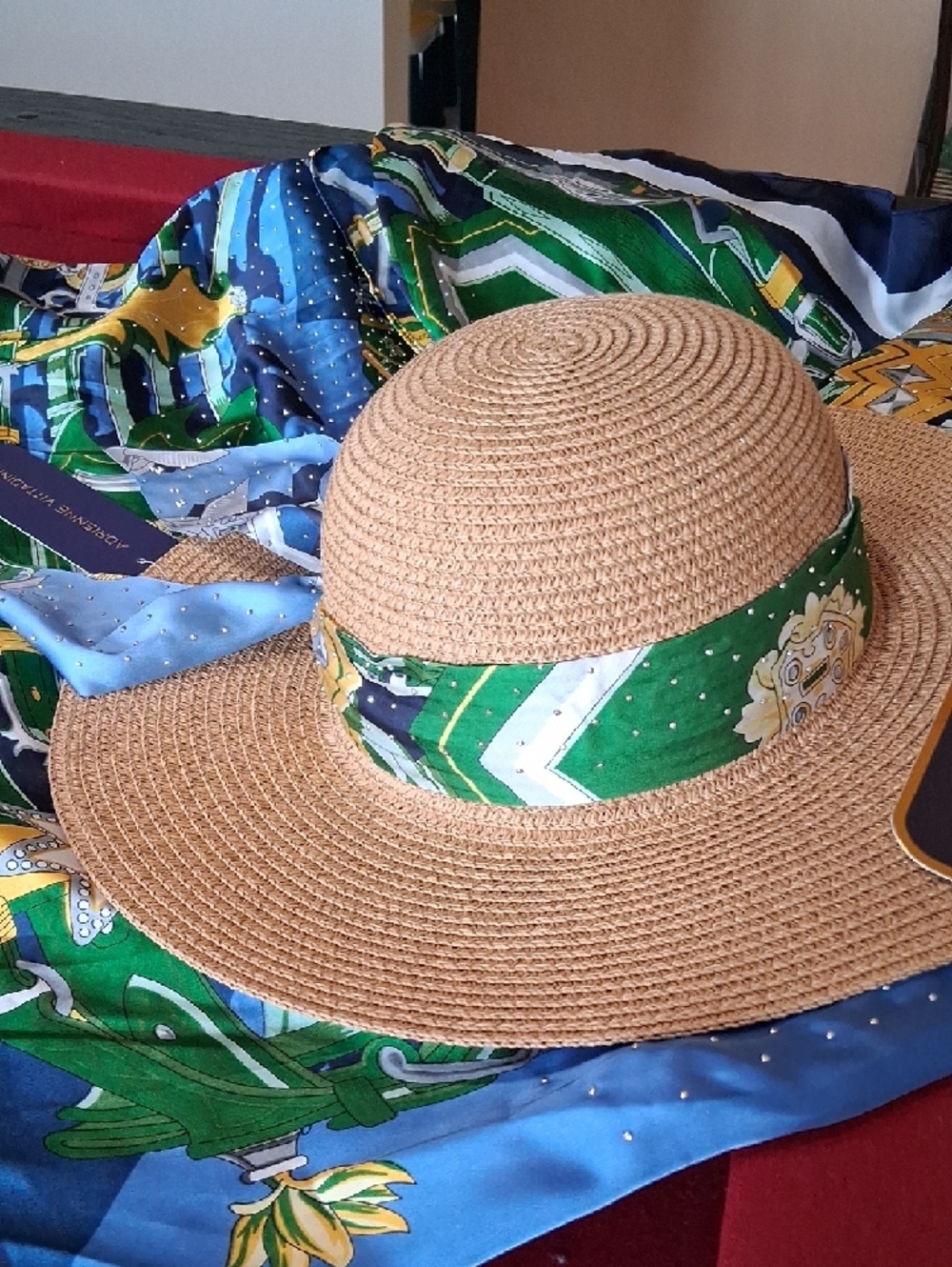 Adrienne Vittadini Blue, Green & Navy Silk Resort Kimono &  Straw Hat Set. NWT. - Picture 11 of 16